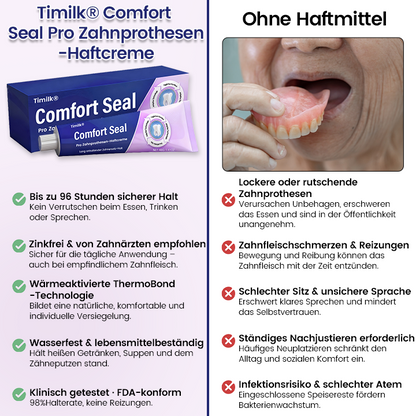 🔥 BEGRENZTES SONDERANGEBOT 🔥 Timilk® Comfort Seal Pro Zahnprothesen-Haftcreme 🦷💜 FDA-zertifiziert (Klinisch getestet: 96 Stunden Halt für sicheren, komfortablen und zinkfreien Sitz der Zahnprothese) (Copy)